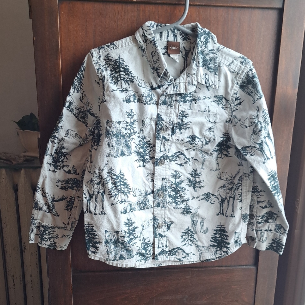 Tea Collection Boys Size 4 Green Toile Moose Lodge Button Down Shirt